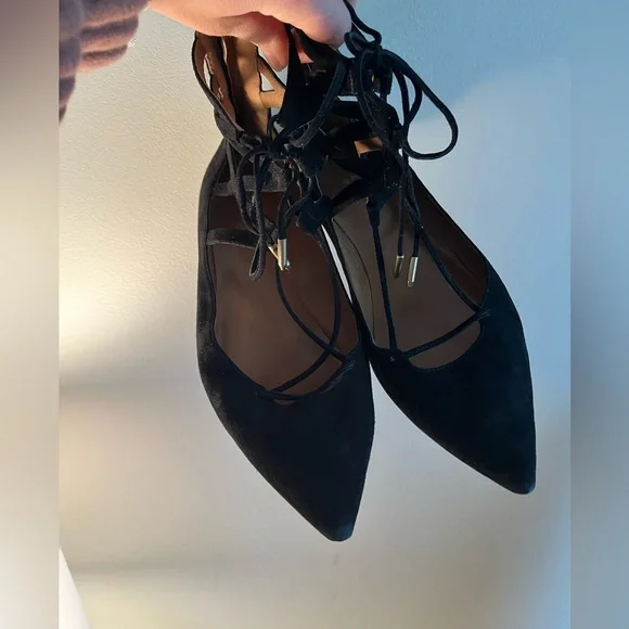 Aquazzura Belgravia LaceUp Pointed Toe Ballet Flats Black Cutout Suede Size 7.5 - Picture 5 of 7